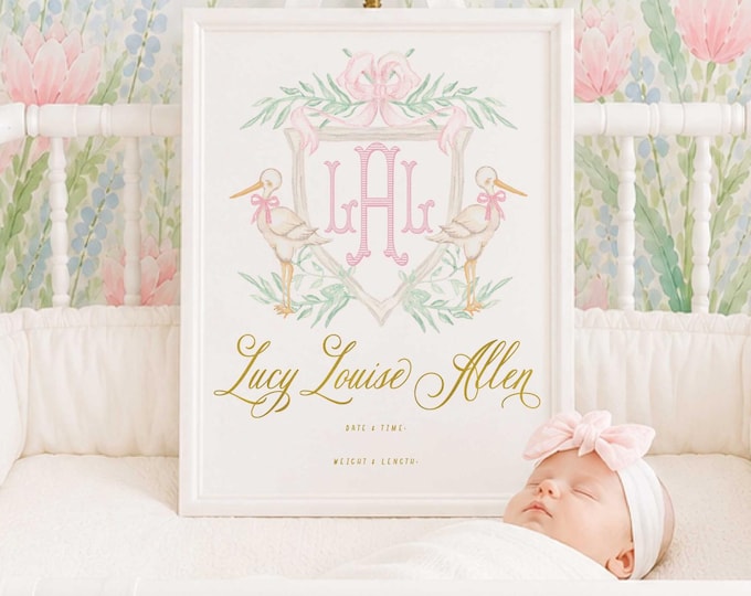 Personalized Stork Nursery Print, Monogram Crest, Newborn Announcement