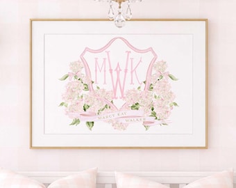 Aquarell Hortensien Monogramm Kinderzimmer Druck, Benutzerdefinierte Wandkunst, Wappen