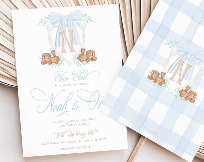 Train Birthday Invitation, Watercolor Monogram, Choo Choo, All Aboard