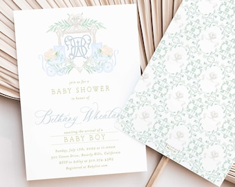 Könnte beinhalten: Eine Babyparty-Einladung mit einem blauen und grünen Blumenmuster. Die Einladung zeigt ein Monogramm mit den Buchstaben "BW" und den Text "Baby Shower zu Ehren von Brittany Wheeler, die die Ankunft eines kleinen Jungen ankündigt. 19. Juli 20xx, 14:00 Uhr.  Bitte bis zum 1. Juli 20xx Bescheid geben.