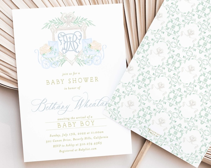 Baby Carriage Invitation, Stroller, Baby shower, Pram, Monogram, Grandmillennial, Crest