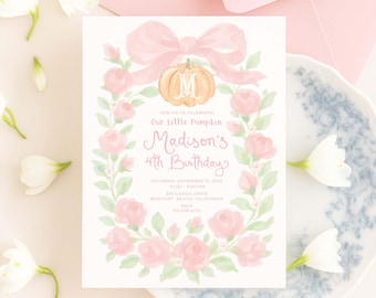 Pink Pumpkin Birthday Invitation: Monogram Crest Invitation