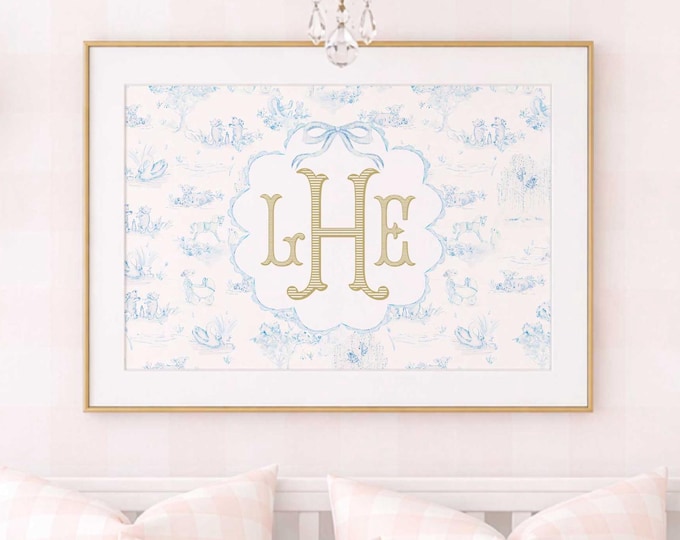 Blue Toile Monogram Nursery Print, Chinoiserie, Custom, Grandmillennial