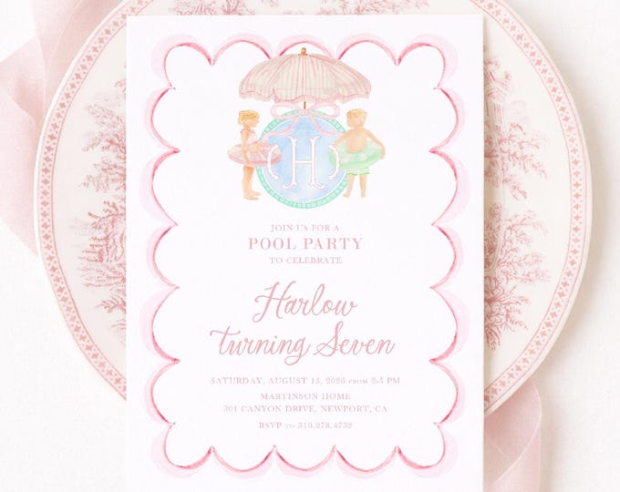 Watercolor Pool Party Birthday Invitation, Gingham Monogram