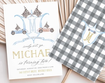 Watercolor Race Car Invitation – Vintage Boys Birthday Party