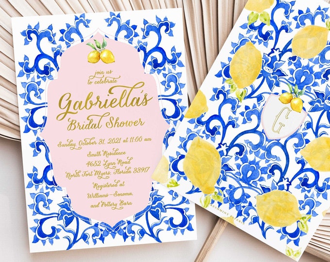 Lemon invitation Tuscan Bridal Shower Invitation Citrus invitation Blue tile invitation Lemon Bridal Shower invitation Italian Bridal Shower