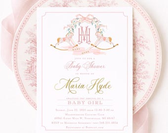 Aquarell Schaukelpferd Baby Shower Einladung, Monogramm, Wappen