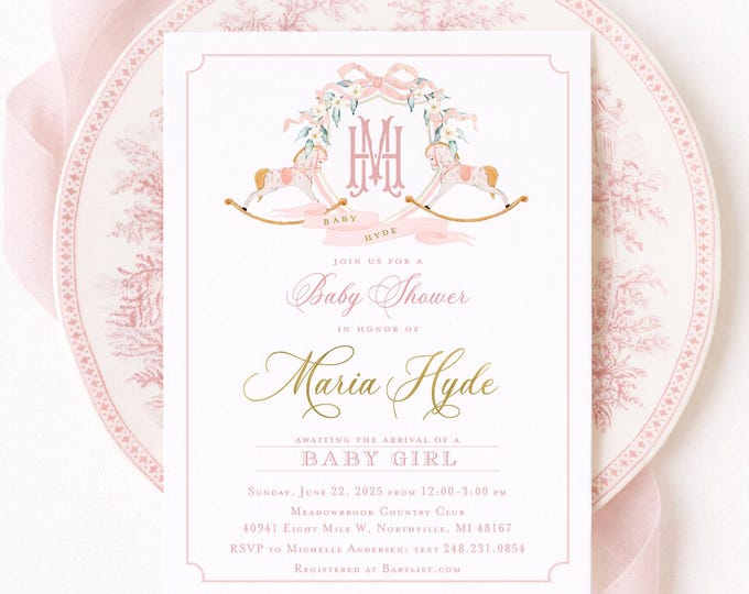 Watercolor Rocking Horse Baby Shower Invitation, Monogram, Crest