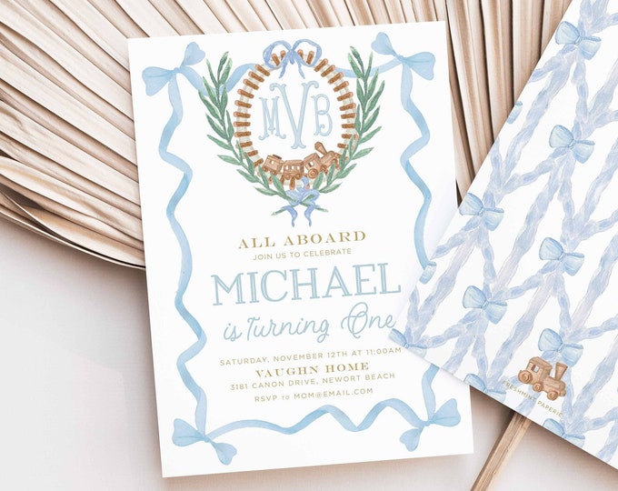 Train Birthday Invitation, All Aboard, Monogram, Blue Bow