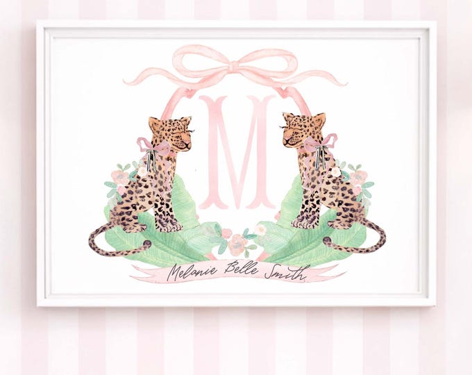 Cheetah Nursery Art Print, Safari, Monogram, Crest, Pink Bow