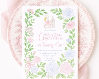 Swan Birthday Invitation: Watercolor Floral Crest (Digital File)