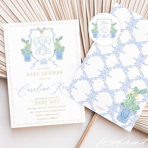 May include: A baby shower invitation with a blue and green floral design. The invitation features a monogram with the initials "CK" and the text "Join us for a Baby Shower in honor of Caroline K. celebrating the arrival of a Baby Boy".
