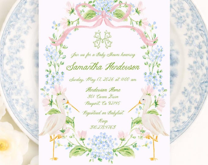 Heirloom Stork Invitation, Watercolor, Baby Shower, Hydrangeas, Monogram, Grandmillennial, Pink Bow