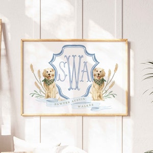 Golden Retriever, Arte murale Golden Retriever, Stemma monogramma per cameretta, Arte Golden Retriever, Arte murale personalizzata per cameretta, Stemma monogramma