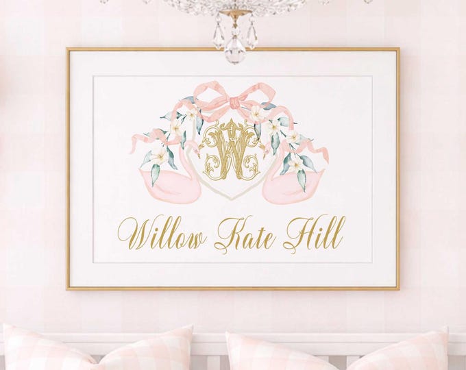 Swan Nursery Wall Art, Monogram, Pink Floral Crest