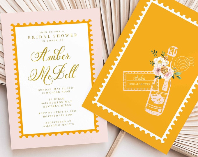 Champagne invitation - bridal shower invitation - pink & orange invitation - Champagne - Brunch Invitation - birthday invitation - champagne