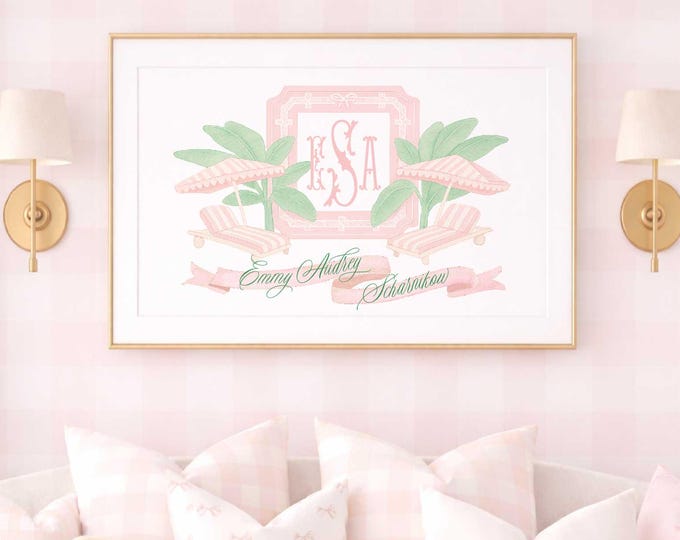 Palm Beach Nursery Print, Banana Leaf, Personalized monogram, Beverly Hills