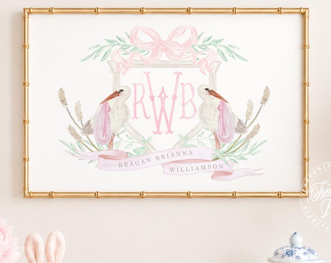 Stork Nursery Art Print, Custom Monogram, Pink Bow