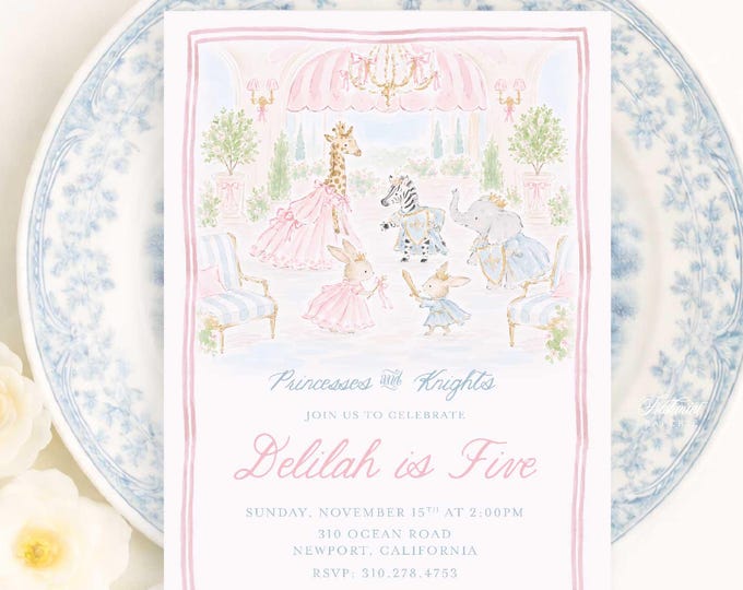 Princess Birthday Invitation: Castle Invitation, Pink Bow, Grandmillennial, Knights