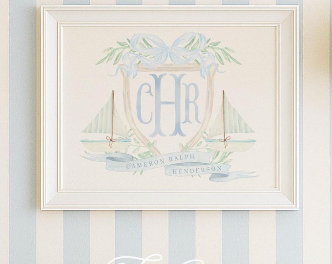 Nautical Nursery Art: Custom Sailboat Monogram Name Print