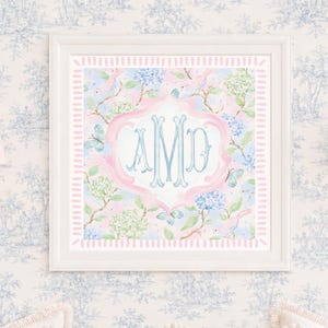 Monogram Wall Art, Monogram, Medallion, Grandmillennial, Watercolor, Chinoiserie, Hydrangeas