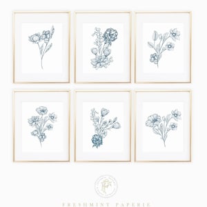 Stampe botaniche blu, stampe da parete floreali blu, stampe botaniche vintage, piatti botanici personalizzati, stampe da parete, stampe da parete botaniche, set da 6