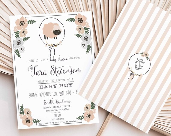 Neutral Baby Shower invitation, Lamb Invitation, baby shower invitation, baby lamb invitation, Calligraphy invitation, Sheep invitation