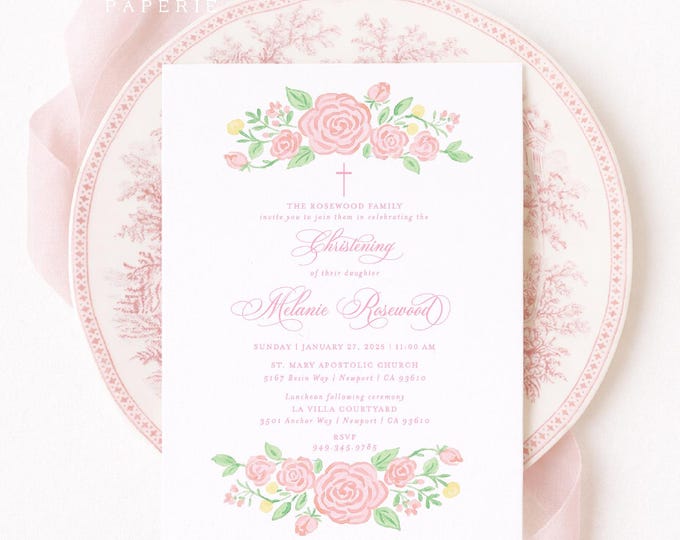 Floral Cross Christening Invitation: Custom Religious Invitation