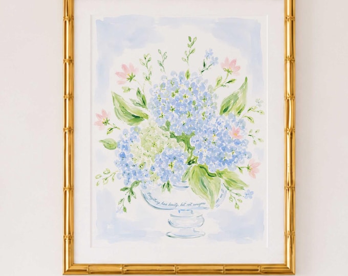 Hydrangea Vase wall art, Watercolor, Grandmillennial, Floral, Chinoiserie, Ginger Jar
