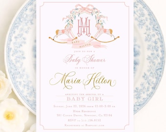 Invito per baby shower a tema cavallo a dondolo, acquerello, monogramma, stemma, stile Grandmillennial