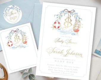 Maritime Babypartyeinladung, Monogramm, Aquarell, Ahoi