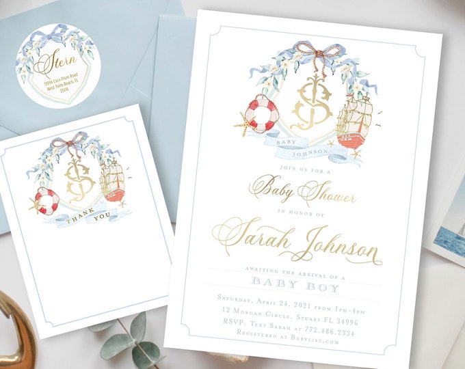 Nautical Baby Shower Invitation, Monogram, Watercolor, Ahoy