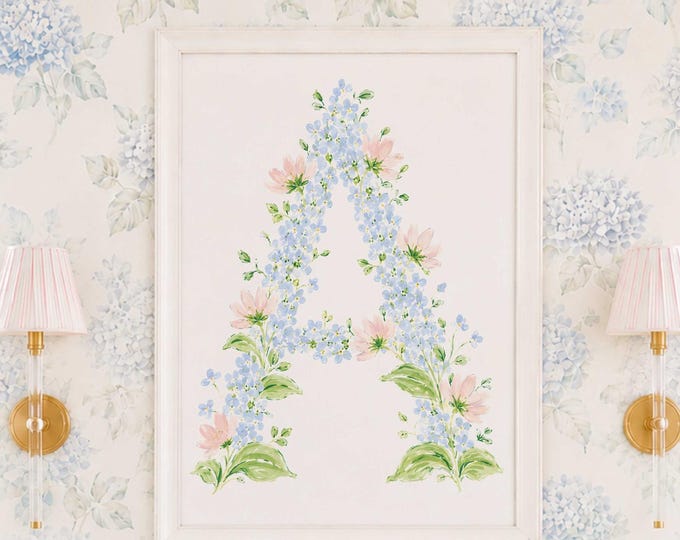 Floral Alphabet Letter, Watercolor Hydrangea Monogram Nursery Print, Wall Art
