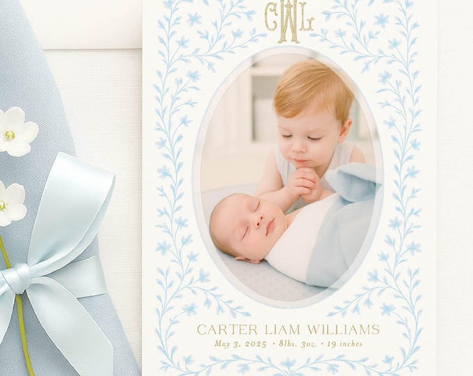 Watercolor Baby Boy Birth Announcement: Blue Bow Design