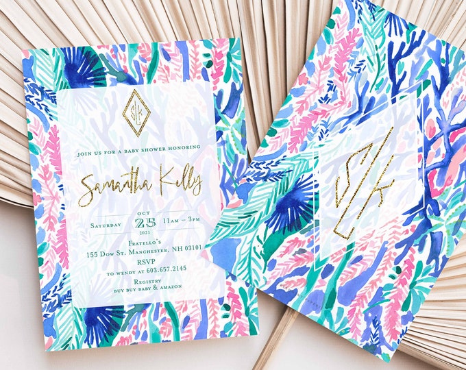 Tropical invitation | colorful baby shower Invitation | Monogrammed |  Pink & Blue Baby Shower Invitation | Tropical | Watercolor