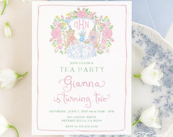 Invitación para fiesta de té de estilo chinoiserie: Monograma floral en acuarela