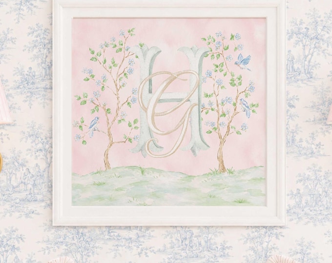 Monogram Wall Art, Monogram, Grandmillennial, Watercolor, Chinoiserie, Florals