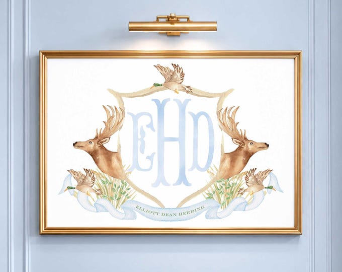 Deer Crest wall art, Mallard Duck, Baby Boy Nursery Art, Monogram