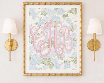 Watercolor Hydrangea Monogram Nursery Print, Wall Art