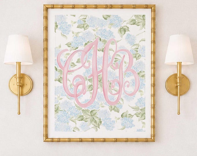 Watercolor Hydrangea Monogram Nursery Print, Wall Art