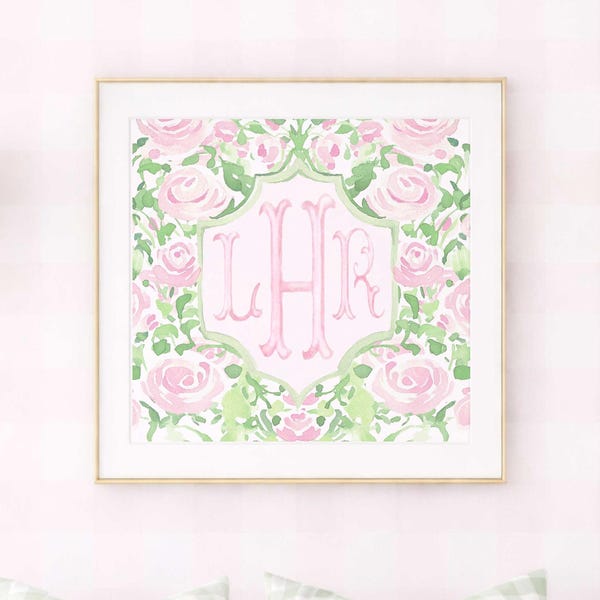 Monogram Wall Art, Chinoiserie, Mahjong, Grandmillennial, Watercolor