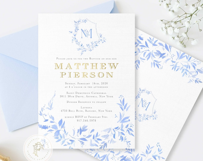 Baptism invitations - Baptism invitation - Christening Invitation - Blue Floral invitation - Religious invitation - Baptism - Blue Baptism