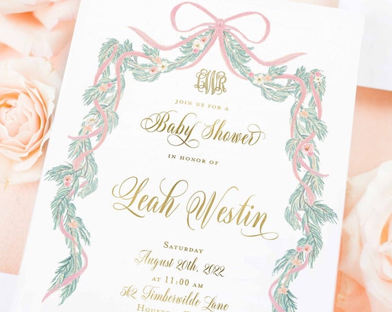Monogram Baby Shower Invitation - baby shower invitation - baby shower invitation - wreath ribbon invitation - Pink baby shower