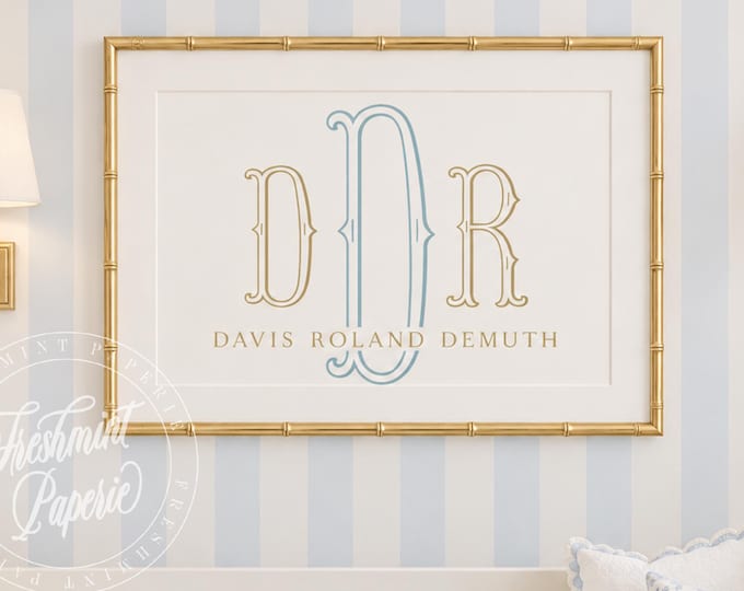 Monogram Nursery Wall Art: Custom Watercolor Name Print, Tan & Blue letters