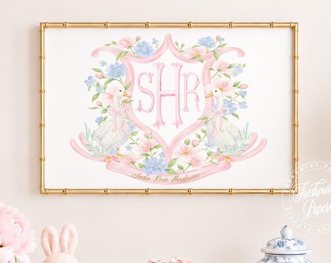 Goose Monogram Nursery Wall Art, Grandmillennial, Crest, Floral