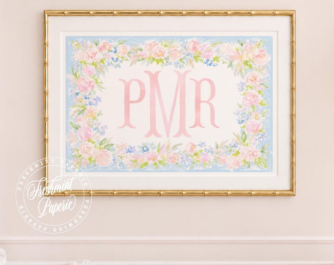 Watercolor monogram Floral  Wall Art, Nursery print