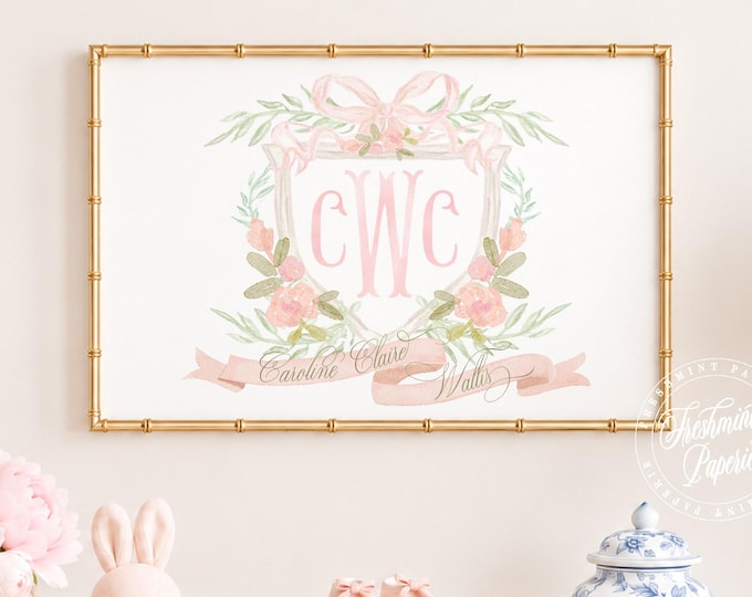 Watercolor Floral Monogram Nursery Wall Art, Custom Name Print, Peach Flowers