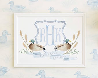 Mallard Duck Monogram Nursery Wall Art Print