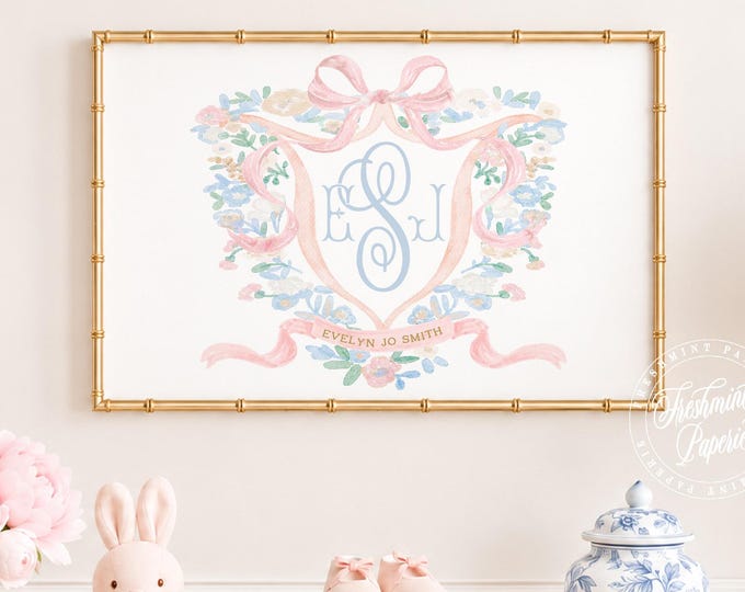 Watercolor Floral Monogram Nursery Print, Custom Wall Art