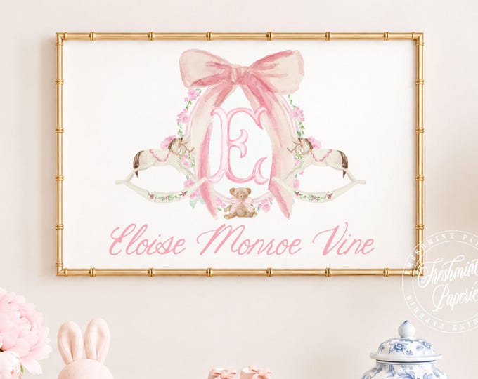 Pink Rocking Horse Nursery Print, Custom Monogram Wall Art
